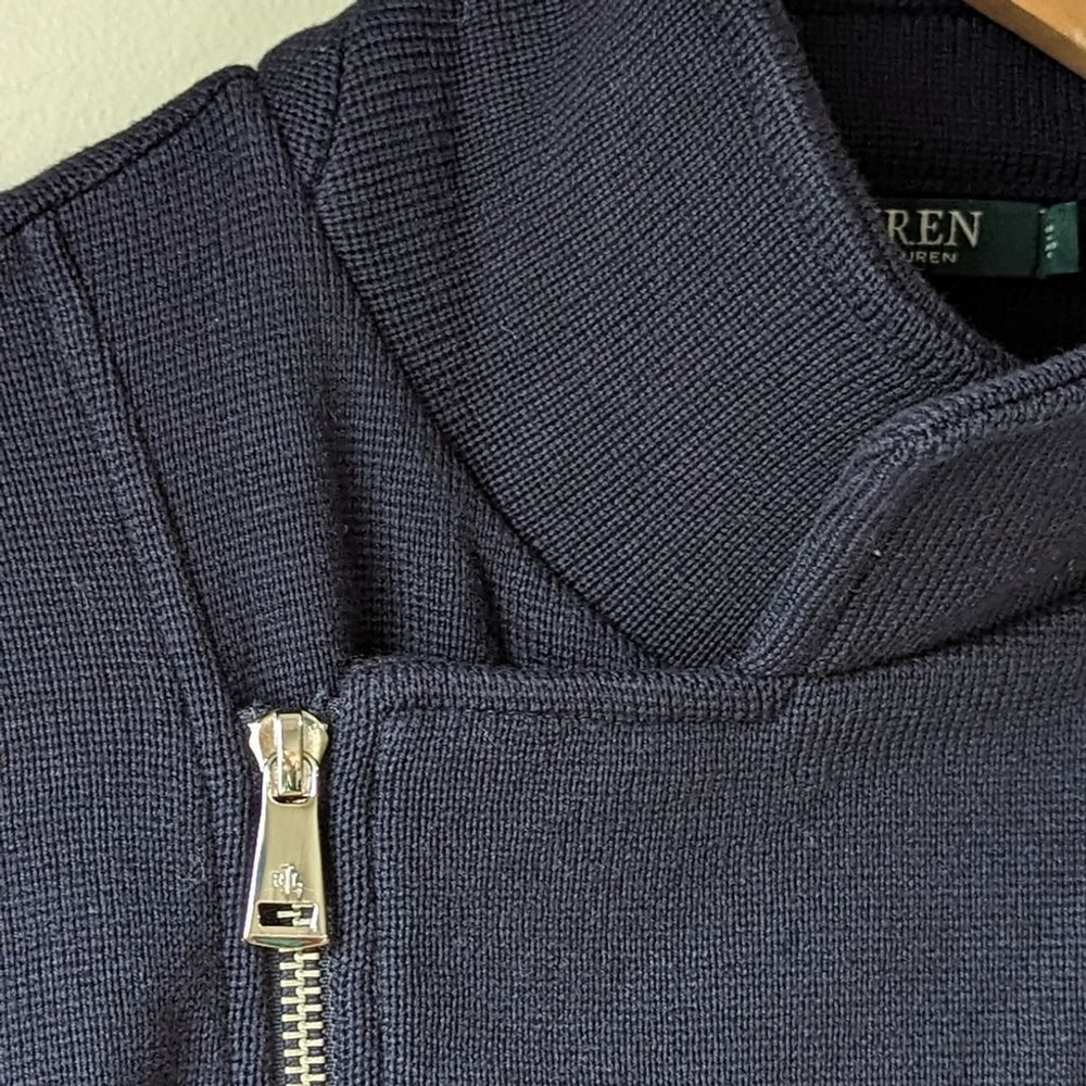 Ralph Lauren Moto Jacket Asymmetrical Zip Navy Sz L Preppy NWOT Knit Blazer - Picture 9 of 15